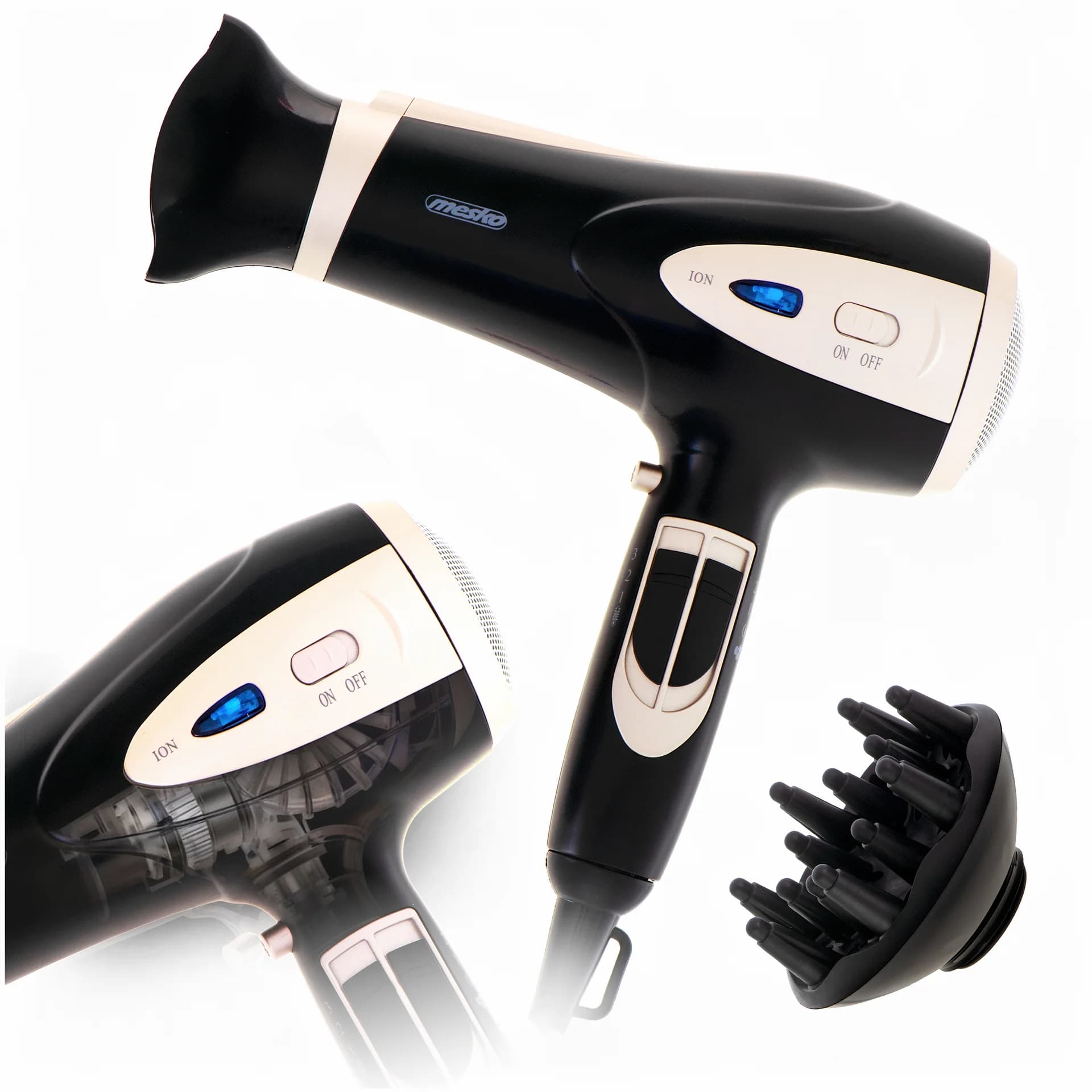 Mesko Hair Dryer   MS 2287   2200 W   Number of temperature settings 3   Diffuser nozzle   Black/Champagne - Image 4