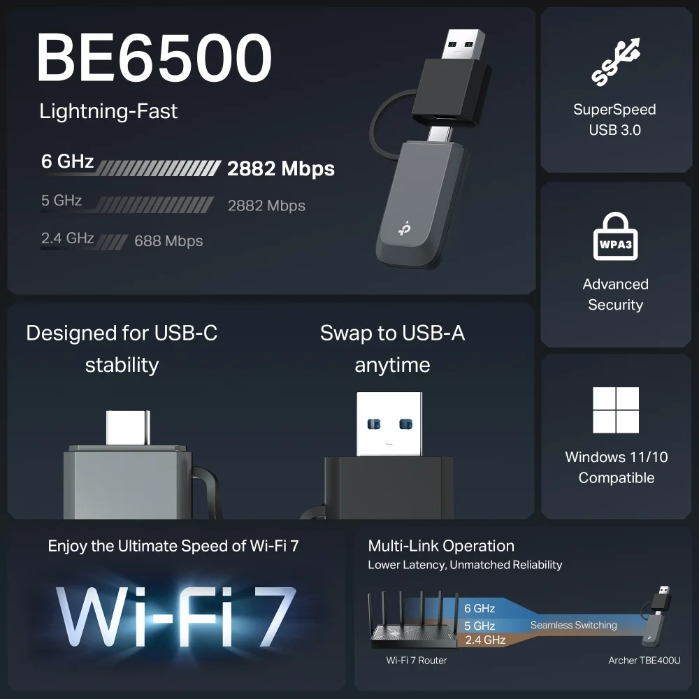 TP-LINK BE6500 Tri-Band Wi-Fi 7 Mini Wireless USB Adapter Archer TBE400U 2.4 GHz, 5 GHz, 6 GHz 802.11ax MU-MiMO No no PoE Antenna type Internal - Image 4