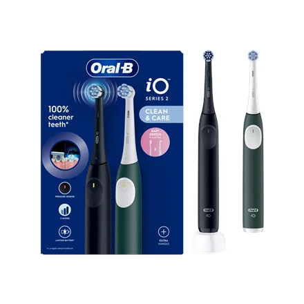 Oral-B Electric Toothbrush, Duo pack iO2 Series Rechargeable For adults Number of brush heads included 2 Number of teeth brushing modes 3 Night Black and Green Forest - Image 1