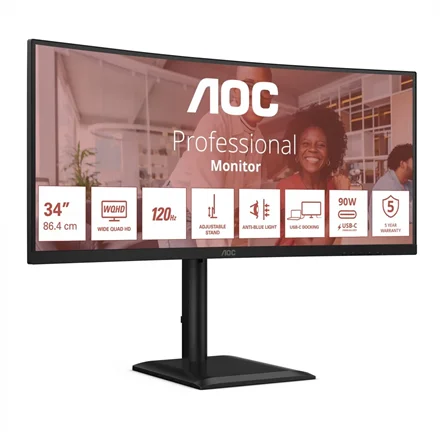 AOC CU34E4CV 34 " VA 21:9 120 Hz 4 ms 3440 x 1440 pixels HDMI ports quantity 2 Black - Image 3