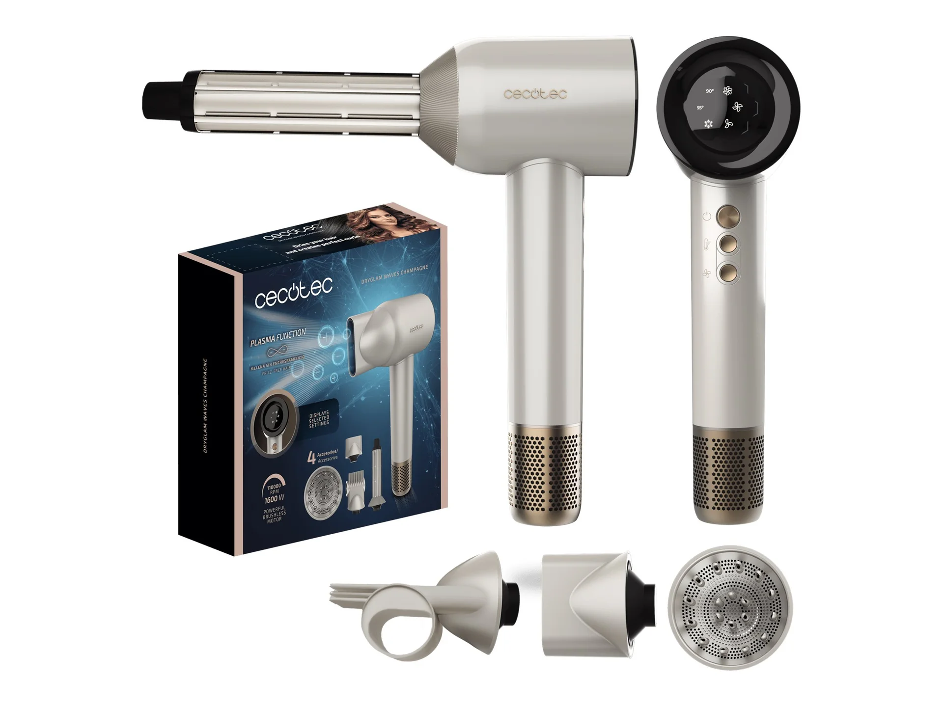 Cecotec Hair dryer DryGlam Waves Champagne 1600 W Number of temperature settings 3 Ionic function Champagne Diffuser nozzle - Image 1