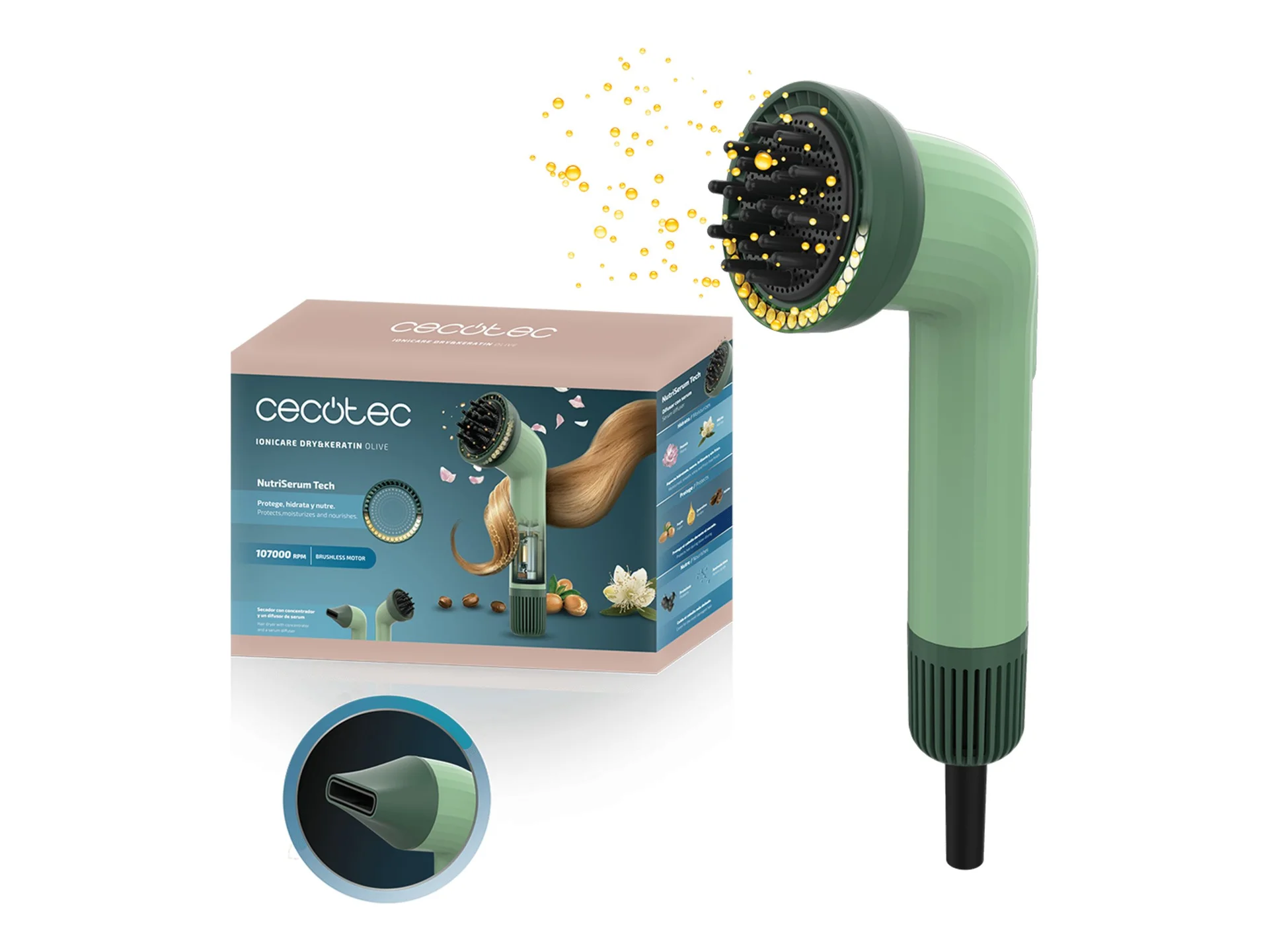 Cecotec Hair dryer IoniCare Dry&Keratin Olive 1200 W Ionic function Number of temperature settings 1 Green - Image 1