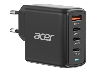 Acer 67W PD GaN Charger, 2 x USB C and 1 x USB A, EU Plug, 100W USB C cable, Black (Retail Pack) - Image 1