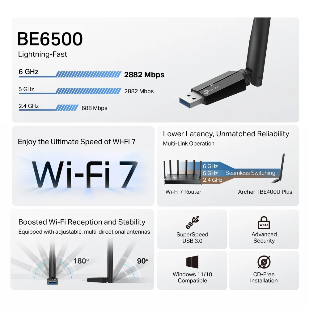 TP-LINK BE6500 Tri-Band Wi-Fi 7 High Gain Wireless USB Adapter Archer TBE400U Plus 2.4 GHz, 5 GHz, 6 GHz 802.11ax MU-MiMO No no PoE Antenna type High-Gain Tri-Band - Image 4