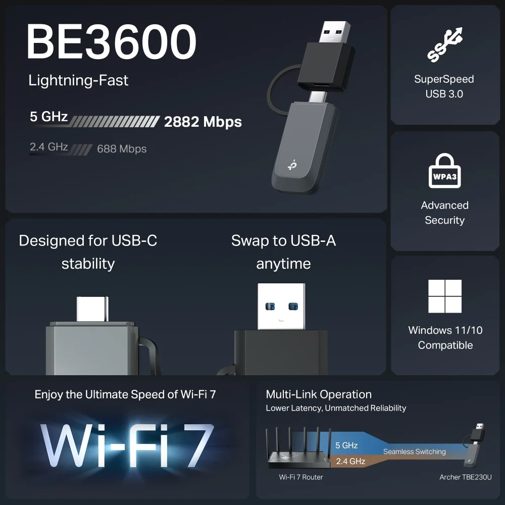 TP-LINK BE3600 Dual Band Wi-Fi 7 Mini Wireless USB Adapter Archer TBE230U 2.4 GHz, 5 GHz 802.11ax MU-MiMO No no PoE Antenna type Internal - Image 4